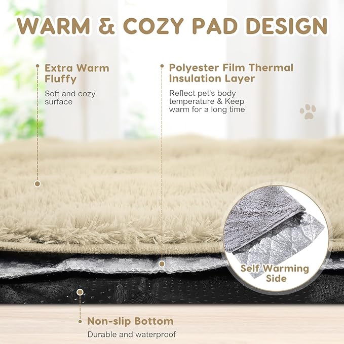 4 Pack Self Warming Cat Bed Pad Self Heating Cat Dog Mat with Fluffy Faux Fur Plush Cat Calming Bed Thermal Cat Mat Washable Pet Pad Anti Slip Bottom for Outdoor Indoor Pets (Camel,16" X 20")