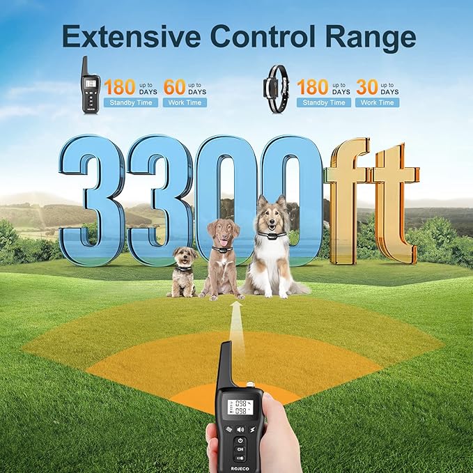 ROJECO Dog Training Collar with 3300FT Remote，IPX7 Waterproof Rechargeable Shock Collar for Large Medium Small Dogs，3 Safe Training Modes with Beep,Vibration and Shock,Adjustable Electronic Dog Collar
