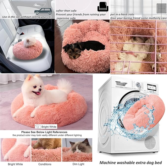 Pink Puppy Bed 15 Inch Washable, Donut Soft Small Pet Bed,Calming Anti Anxiety Round Fits up to 5 lbs Warm Comfort Pets Beds for Puppy Dogs Indoor…