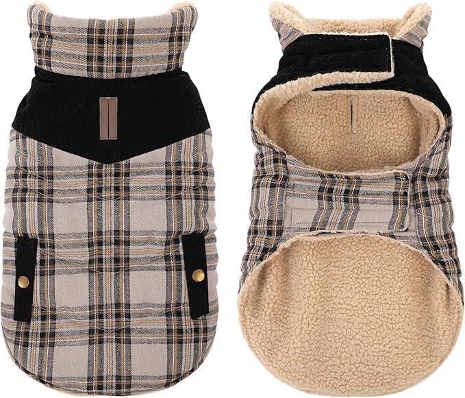 Winter Coat for Small Dogs, Puppy Plaid Jacket, Dog Jacket for Cold Weather, Windproof Warm Garments, Pets Thickened Outfits Indoor Outdoor, Beige S