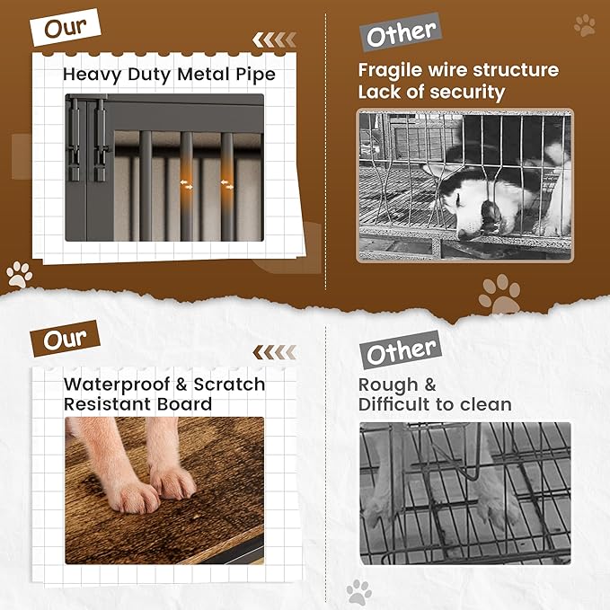 Large Dog Crate Furniture Wooden Dog Kennel Heavy Duty XL Dog Cages with Double Doors for Large/Medium Breed Indoor Dog House with Side End Table