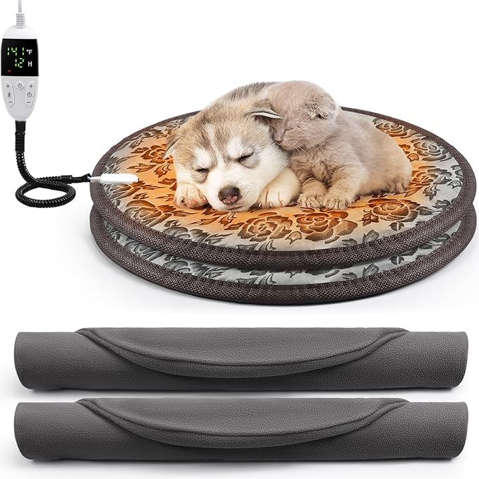 Riakrum 2 Pcs 16in Cat Heating Pad Round Pet Heating Pad Waterproof Cat Warming Pad Pet Electric Heating Mat Adjustable Heated Dog Pad with Washable Cover, Switch, Anti Bite Steel Cord for Cats Puppy