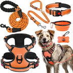 No Pull Dog Harness, Collar & Leash Set | Includes Dog Seat Belt, Collapsible Bowls & Poop Bag Dispenser. Ideal for Training, Walking, Hiking. Fits Small to Large Dogs(Orange-XL)