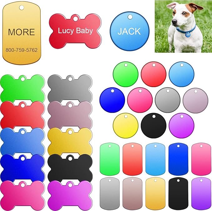 Frienda 60 Pieces Colorful Blank Dog Tags Hand Personalized Blank ID Tags Aluminum Round Dog Bone Shape Pet ID Stamping Discs with Hole for Cats Pets Name Craft