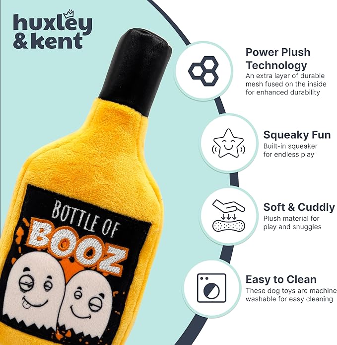 Huxley & Kent Halloween Funny Dog Toy w/Squeaker – Power Plush Squeaky Dog Toys for Small, Medium & Large Dogs – Soft Stuffed Animal for Indoor Play & Fetch - Bottle of Booz, One Size