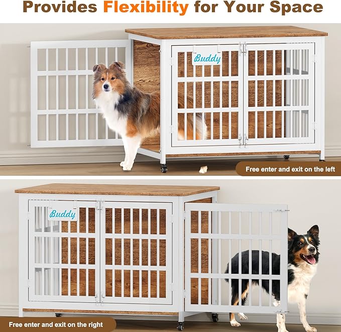 EasyCom 42"/41"/33" XL Heavy Duty Dog Crate Furniture with Casters, Dog Kennel Indoor for Large and Medium Dogs, Double-Doors Sturdy Dog Cage for Anxiety Dog, Decorate House as TV Stand, Bedside Table