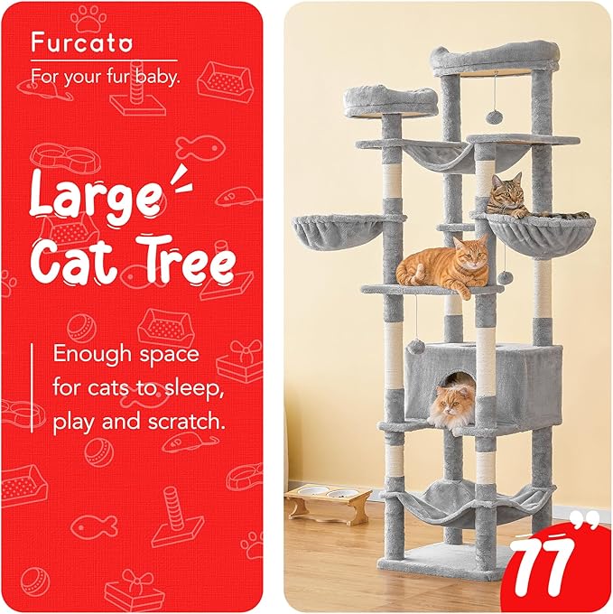 77-Inch Tall Cat Tree for Indoor Cats, Multi-Level Large Cat Tower with 4 Hammocks, 2 Padded Perches, Cat Condo, Sisal Scratching Posts and Hanging Toys for Large Adult Cat, Light Grey