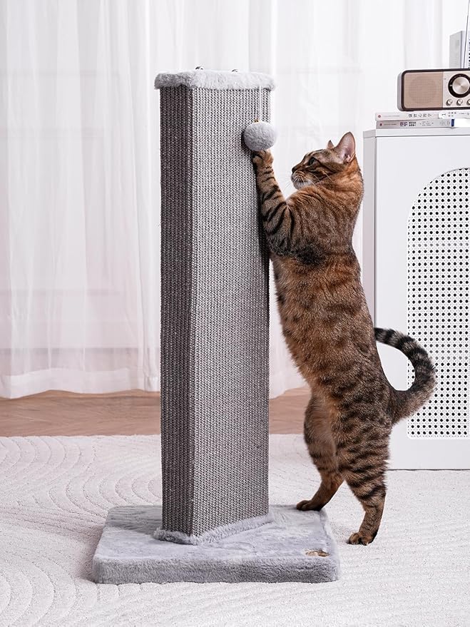 32.7" Tall Cat Scratching Post for Indoor Cats, Sisal Cat Scratcher Post with Hanging Ball