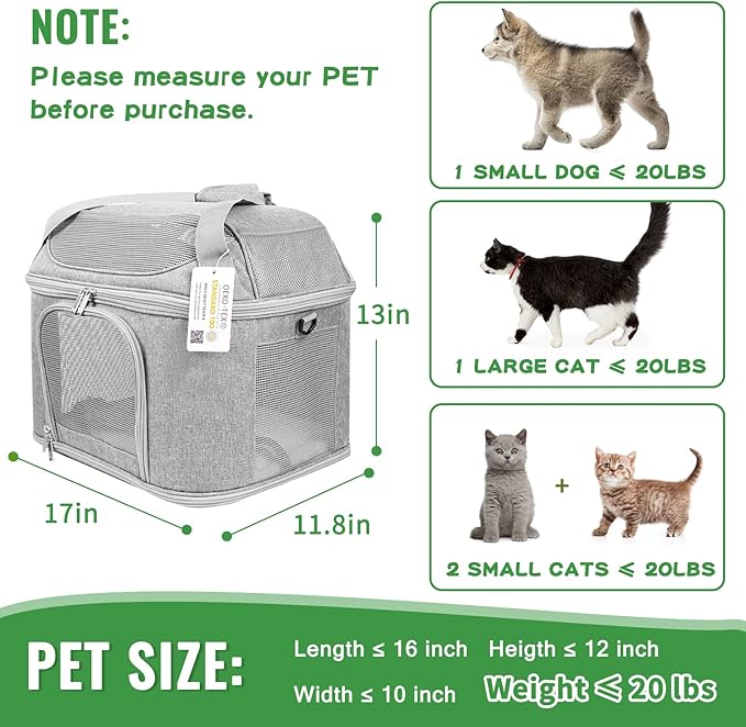 Large Cat Carrier for 2 Cats, Soft Side Pet Carrier for Cats Small Dog Up to 20 lbs, Collapsible Travel Dog Carrier Bag, Oeko-TEX Certified TSA Airline Approved Cat Carrier Backpack (Gray)