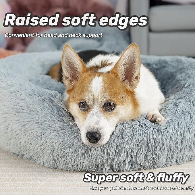 Anti Anxiety Round Fluffy Plush Faux Fur Warm Washable Dog Bed & Cat Bed, Original Bed for Small Medium Large Pets,Used to Relieve Joints and Improve Sleep（20"/24"/27''） (20", Light Grey)