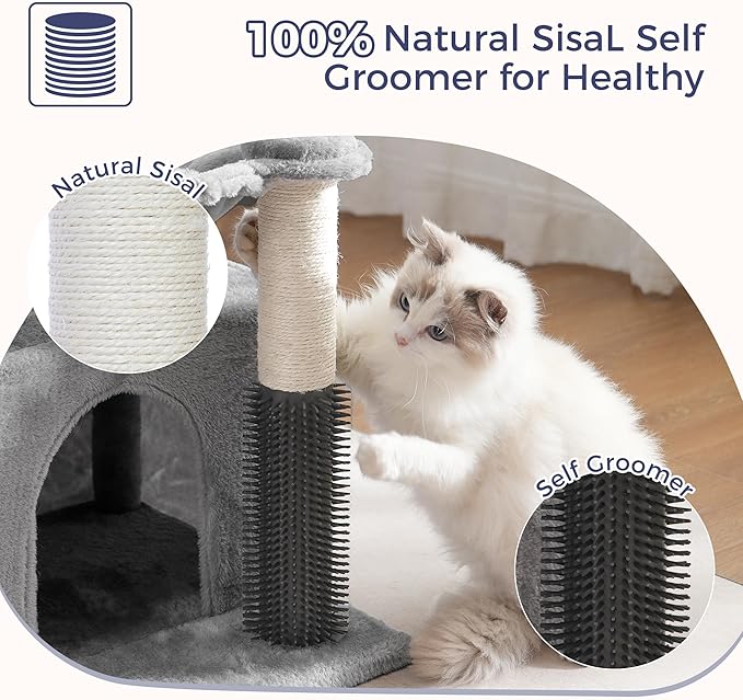 Cat Tree 32 Inches Small Cat Tower with Large Hammock Dia 15.7”,Self Groomer, Fully Scratching Post, Removable Top Bed and Wide Hideway Condo for Indoor Cats-Gray