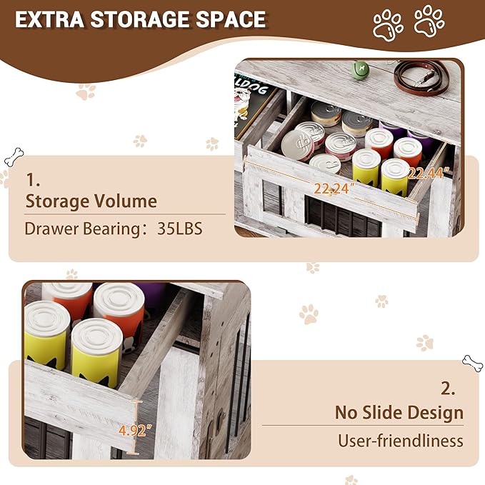 Dog Furniture Crate, 47" Large Dog Crate Furniture w/ 2 Storage Draws & Removable Divider for Large/Medium/Small Dogs (Grey, One Cage)