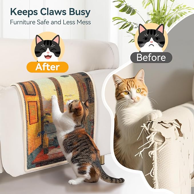 3-in-1 Sisal Cat Scratcher Mat 23.6x15.7 – Durable Scratch Rug for Floor & Wall with Sticker Tape, Protects Couch, Carpet & Furniture, Anti-Slip, Pet-Safe for Indoor/Outdoor Cats, Golden Afterglow