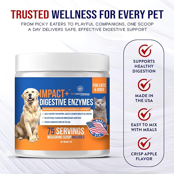 Impact Digestive Enzymes for Dogs and Cats - 75 Servings - Enzyme Powder for Digestion - Pancreatic Enzymes for Dogs and Cats - Digestive, Weight & Pancreatic Issues - Made in USA