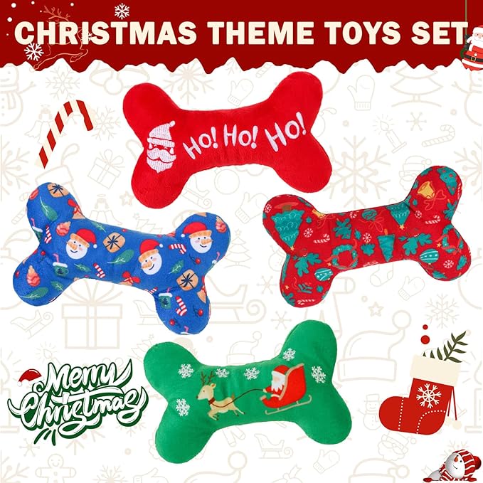SCENEREAL Christmas Dog Toy Pack 4, Durable Cute Interactive Dog Stuffed Plush Squeaky Toys with Squeaker, Pet Chew Toys for Small Medium Dogs Puppies Bone Shape