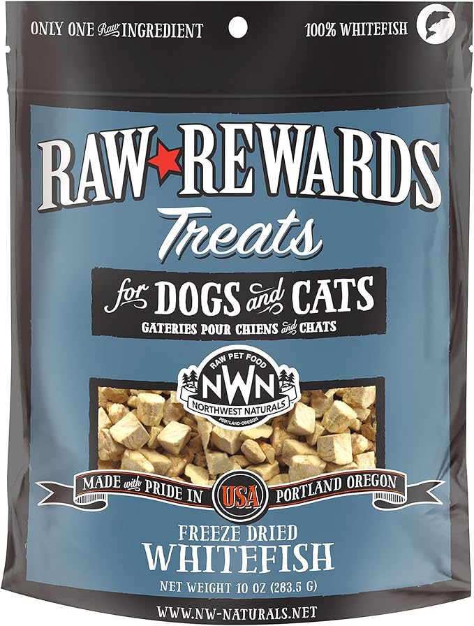 Northwest Naturals Raw Rewards Freeze-Dried Whitefish Treats for Dogs and Cats - Bite-Sized Pieces - Healthy, 1 Ingredient, Human Grade Pet Food, All Natural, Proudly Made in USA 10 Oz