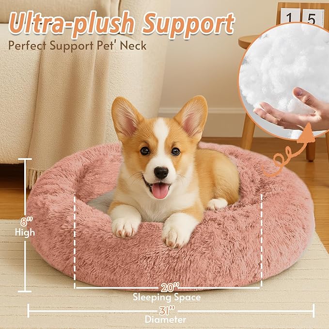 JOLLYVOGUE Medium Calming Dog Bed, Anti-Anxiety Donut Cuddler Cat Bed with Anti-Slip Bottom, Fluffy Faux Fur Machine Washable Pet Cushion for Medium Large Dog & Cat (31")