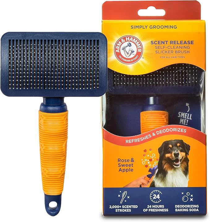Arm & Hammer “Simply Glam” Dog Grooming Slicker Deodorizing Brush with Fragrance Transfer Technology – Scented Self-cleaning Slicker Brush for Shedding, Scented for Dogs with Sweet Apple & Rose Scent