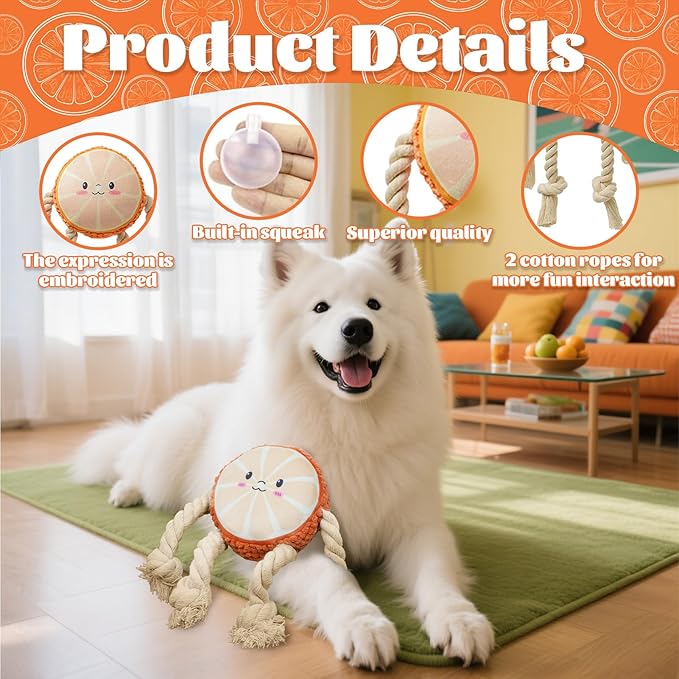Squeaky Dog Toys Rope Dog Toys to Keep Them Busy - Tug of War Dog Toy for Boredom Plush Interactive for Small Medium Dogs-Orange