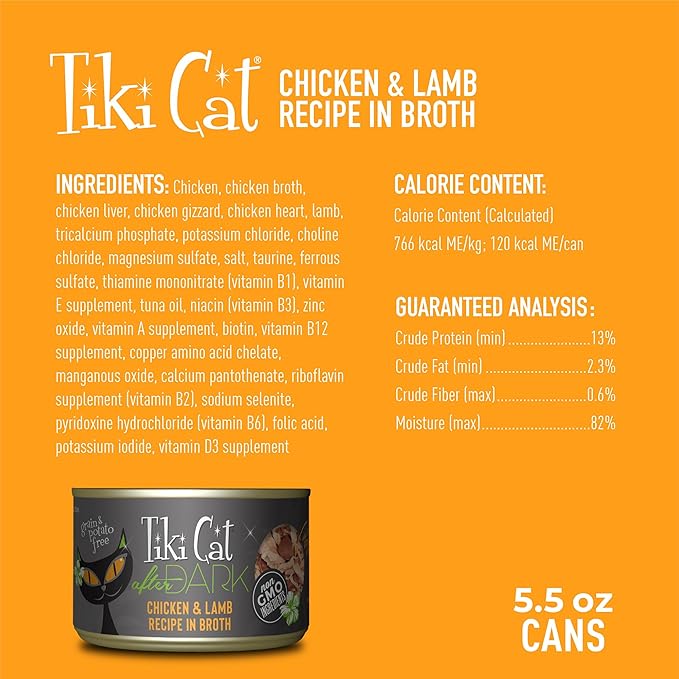 Tiki Cat After Dark, Chicken & Lamb, High-Protein and 100% Non-GMO Ingredients, Wet Cat Food for Adult Cats, 5.5 oz. Cans (Pack of 8)