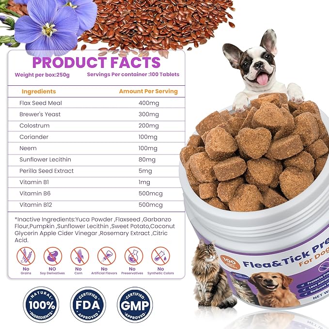 VUN Flea and Tick Prevention for Dogs,Natural Oral Flea Tick chewable for Dog,Relieve Itching, Scratching & Biting,Cats Flea Tick Chews Supplement with Colostrum,Vitamin-for Small Large Dog,100 Counts