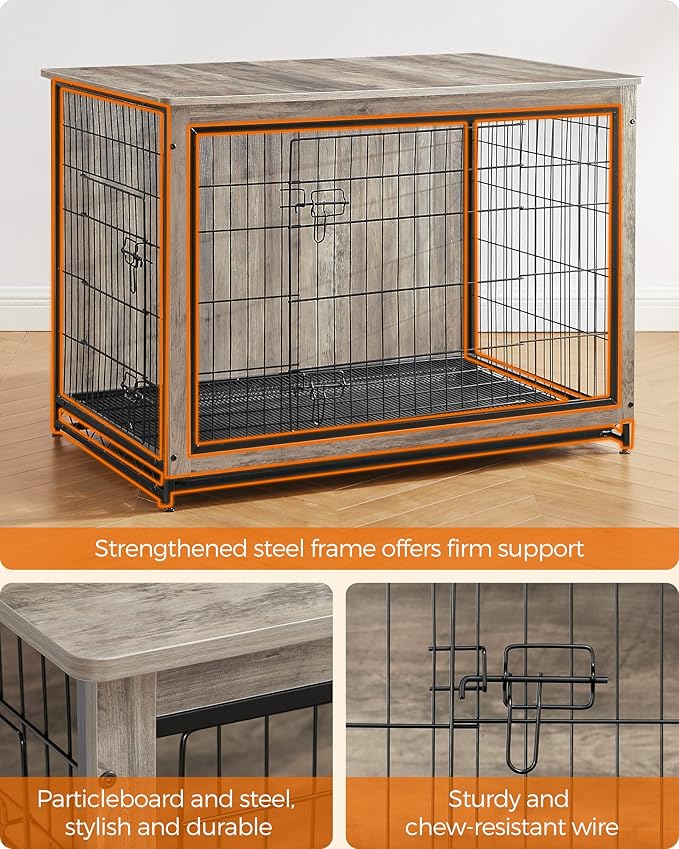 Feandrea Dog Crate Furniture, 44.1" Side End Table, Modern Kennel for Dogs Indoor up to 80 lb, Heavy-Duty Dog Cage with Multi-Purpose Removable Tray, Double-Door Dog House, Greige UPFC004G01