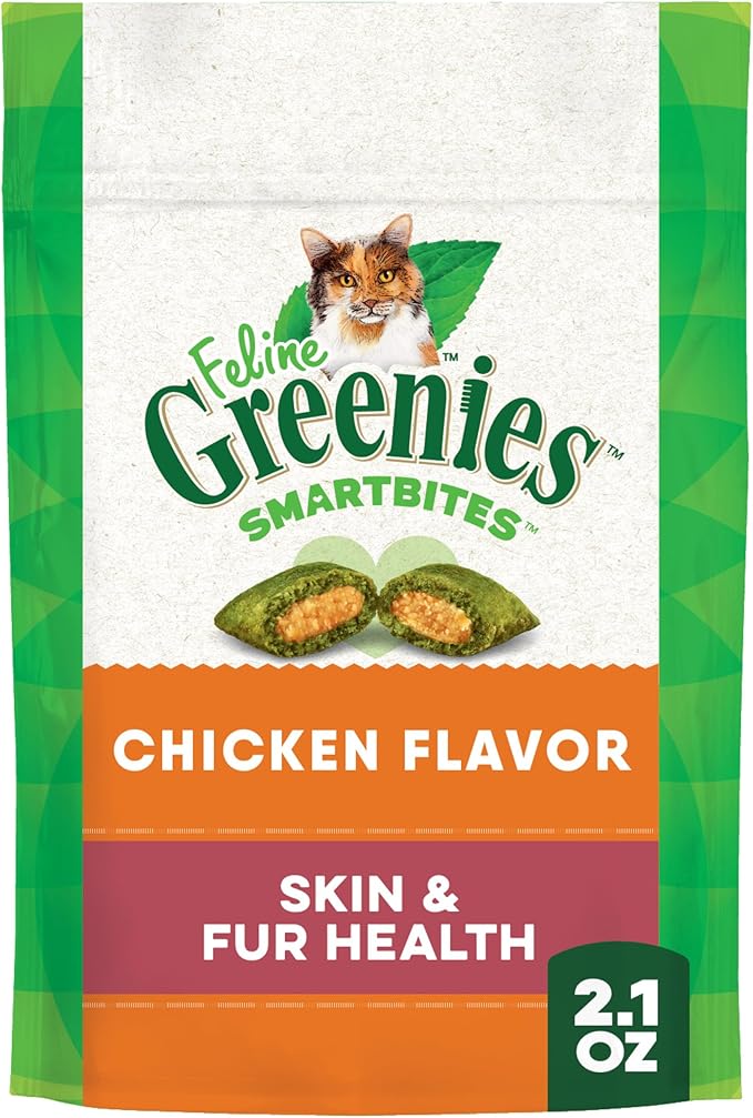 Greenies Feline Smartbites Skin & Fur Health Crunchy and Soft Cat Treats, Chicken Flavor, 2.1 oz. Pack