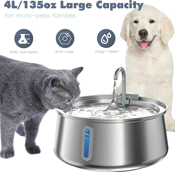 Stainless Steel Cat Water Fountain,Pet Water Fountain 4L/135oz Large Capacity,Dog Water Dispenser with Water Level Window, Multiple Filtration, Quiet Automatic Pet Fountain Easy Clean,1Faucet