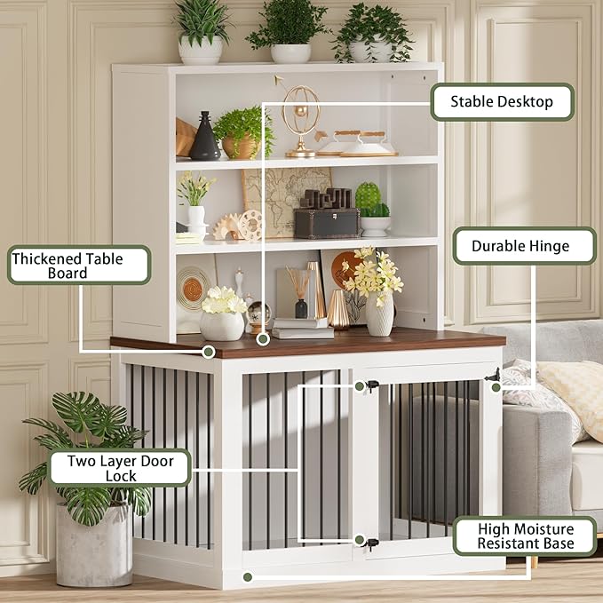43 inches Furniture Style Dog Crate Wooden Dog Cage Indoor Heavy Duty Dog Kennel Decorative Pet Crate End Table for Large Medium Small Dog,White