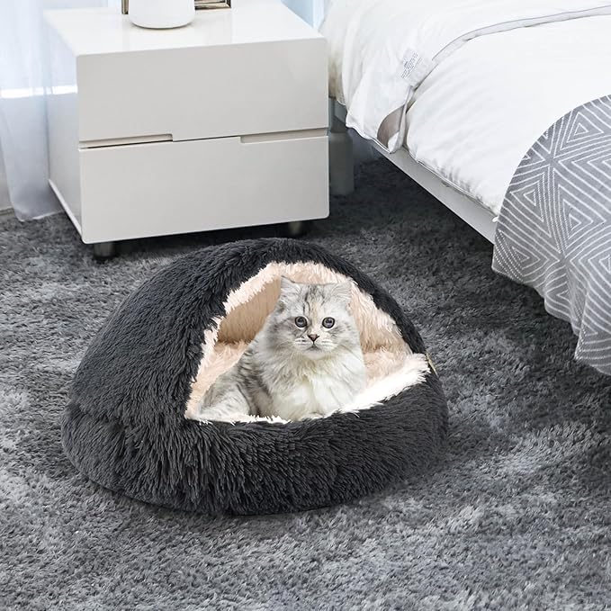 Round Hooded Cat Bed & Dog Bed with Cover Cave, Dog Bed for Small Dogs, Faux Fur Cuddler Round Coved Cat Bed Self Warming Donut Dog Bed Fits up to 5 lbs Pets(Dark Grey, 16inch x 16inch)