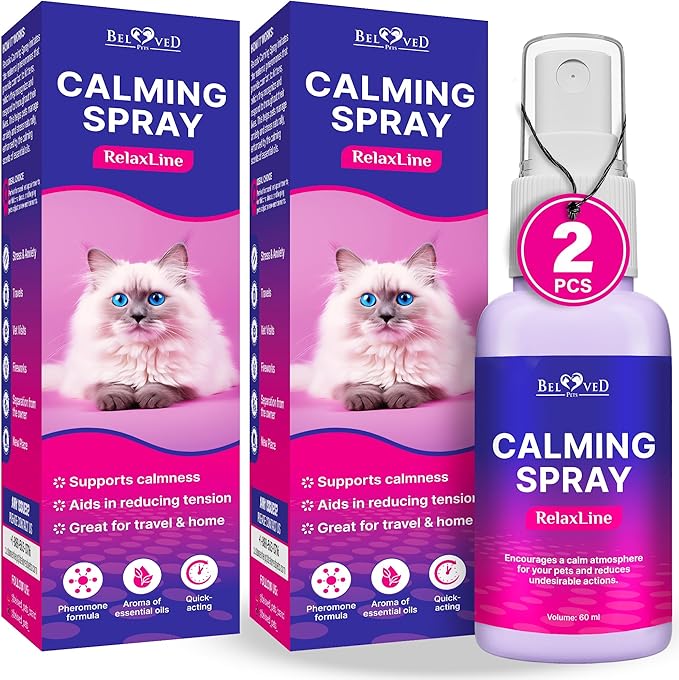 Calming Pheromone Spray & Scratch Repellent for Cats - Reduces Scratching Furniture, Pee - During Travel, Fireworks, Thunder, Vet Zone - Helps with Stress, Fighting, Hiding (60 ml (2 pack))
