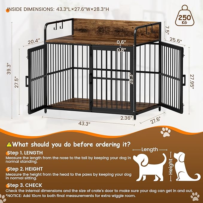 Large Dog Crate Furniture Wooden Dog Kennel Heavy Duty XL Dog Cages with Double Doors for Large/Medium Breed Indoor Dog House with Side End Table