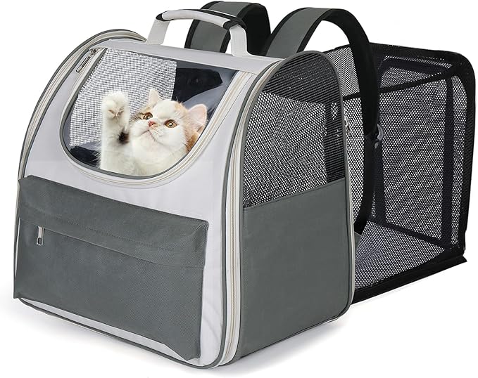 Large Cat Backpack Carrier, Expandable Roomy Pet Carrier Backpack for Medium Cat/Small Dog Puppy Under 18lbs, Breathable Foldable Dog Backpack Travel Airline Approved for Camping Outdoor, Gray