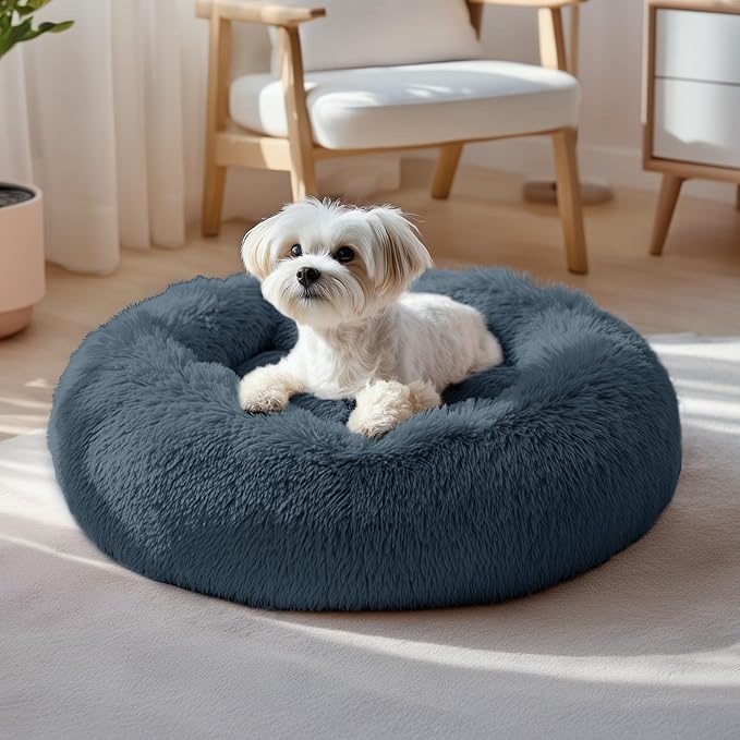 Deconovo Calming Donut Dog Bed, Washable Plush Round Pet Bed for Small Dogs & Cats with Raised Rim, Non-Slip Base and Soft Faux Fur—Lightweight, Easy-Care Design Dark Grey 25" L x 25" W x 8" Th