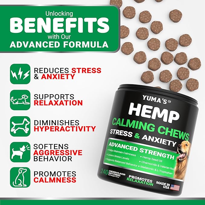Hemp Calming Chews for Dogs - 240 Treats - Advanced Dog Calming Chews - Anxiety Relief Supplement Treats with Melatonin - Sleep Aid for Separation, Barking, Stress, Hip and Joint Support Made in USA