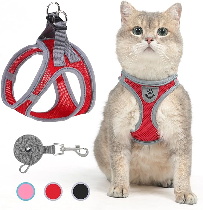 SCENEREAL Cat Harness and Leash Set Escape Proof, Adjustable Soft Air Mesh Kitten Harnesses for Girls Boys Small Medium Big Cats, Reflective Light Travel Pet Walking Vest for Puppy Rabbit, Red L