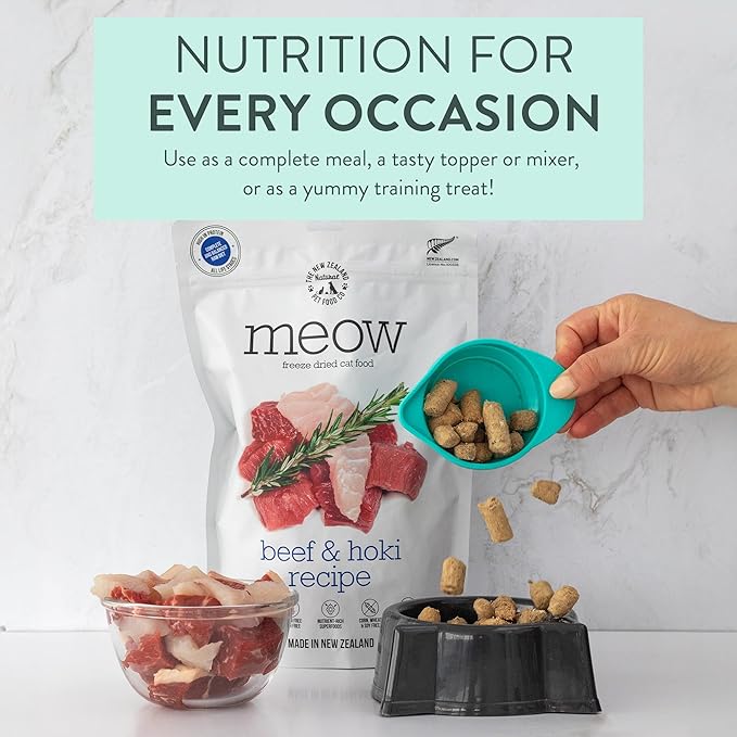 The New Zealand Natural Pet Food Co Meow Freeze Dried Cat Food - Beef & Hoki Recipe, High Protein Treats, Meals & Toppers, Dry Cat Food, 9.9 oz