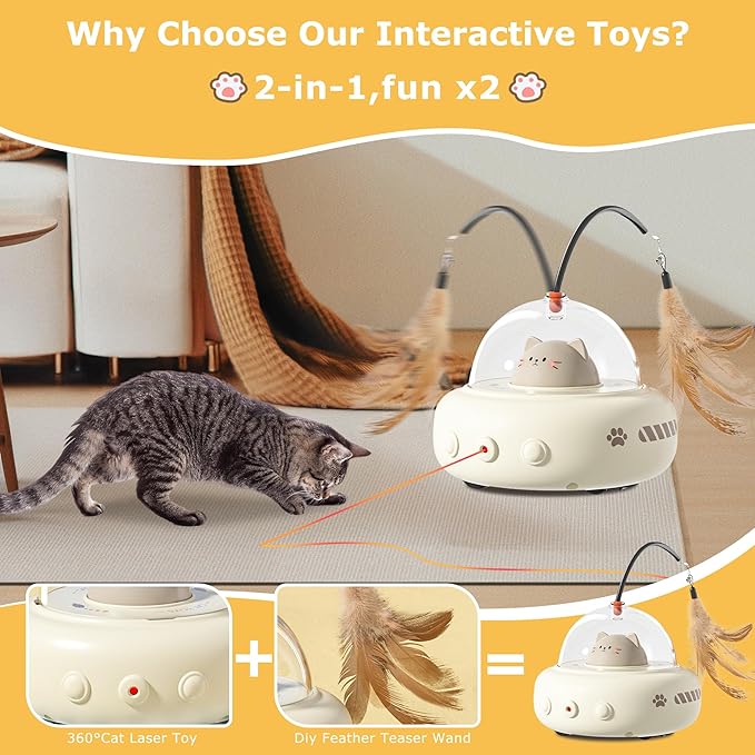 hooroor Laser Cat Toy for Indoor Cats,2 in 1 UFO-Vehicle Automatic Motion with Feather,Rechargeable Electronic Smart Sensor,Interactive Toys for Bored Cats/Kittens/Dogs,Ideal Gift (White Updated)