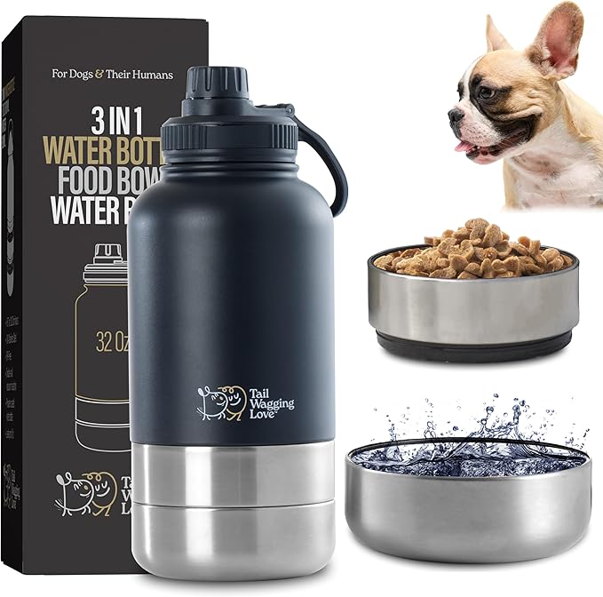 32oz 3-in-1 Portable Travel Water Bottle, Food & Hydration Bottle - Dual Use for Humans & Pets with Detachable Bowls, Stainless Steel, Keeps Water Hot for 6hrs & Cold for 12hrs