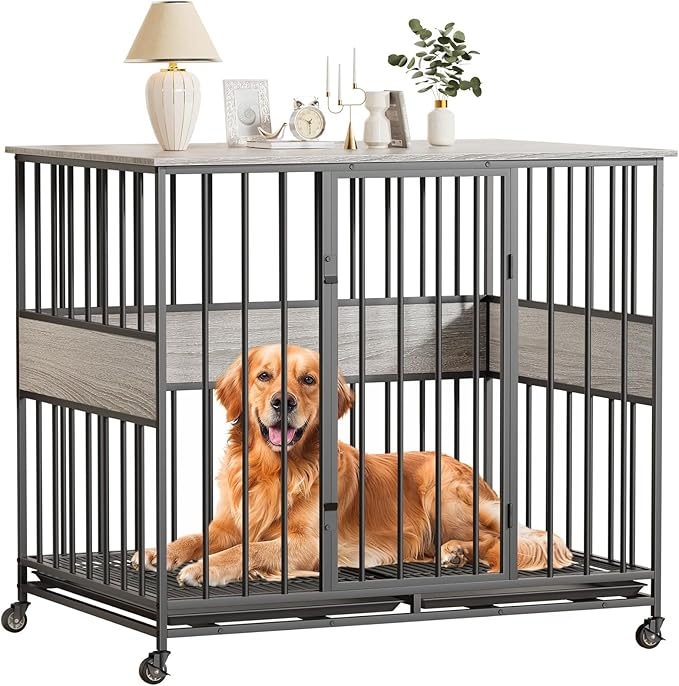 Dog Crate Furniture for Large Dogs, 42 Inch Indoor Large Kennel, Wooden Pet Cage Decorative Corner End Table with Caster Wheels & Double Removable Tray, Greige