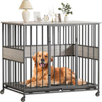 Dog Crate Furniture for Large Dogs, 42 Inch Indoor Large Kennel, Wooden Pet Cage Decorative Corner End Table with Caster Wheels & Double Removable Tray, Greige