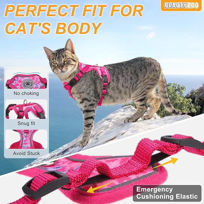 BEAUTYZOO Cat Harness and Leash Escape Proof for Walking[MAX Safety Upgrade]- Neck Release Adjustable Harness for Cats Puppy,Soft Comfortable Lightweight & Reflective Travel Kitten Harness for Outdoor
