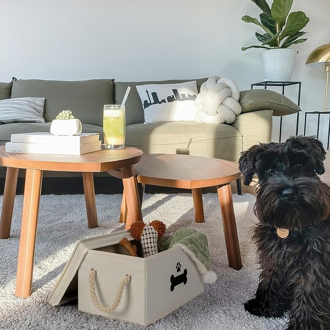 Dog Toy Basket with Lid, Dog Basket for Toys, Dog Toy Box with Cotton Rope Handles, Collapsible Storage Bins for Dog Toys, Dog Storage Organizer, Beige