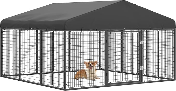 118" x 118" Outdoor Dog Kennel Steel Ideal Dog Fence for Medium/Small Dogs Anti-Rust Coating Cage with Roof All Weather Resistant Dog House with Double Locks