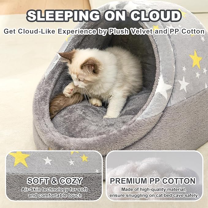 Jiupety Cat Beds for Indoor Cats, Cute Cat Cave Bed and Kitten Bed, Large Cat Cave and Covered Cat Bed with Anti-Slip Bottom, Washable Removable Cushion, M(16"x16"x13"), Gray Star.