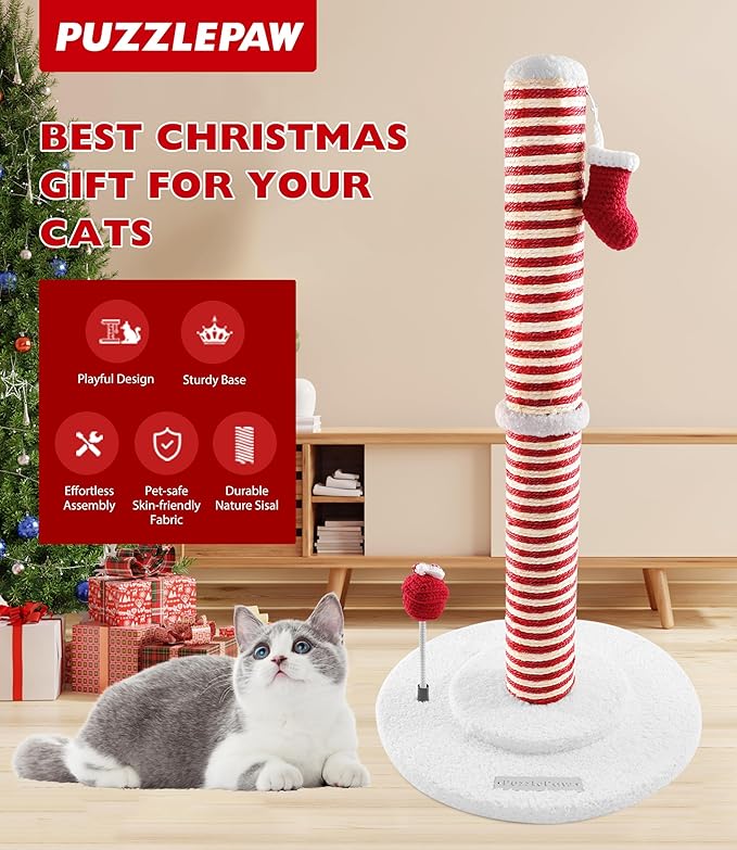 Christmas Cat Scratching Post,Christmas Cat Scratcher for Indoor Cats,Christmas Cat Tree Tower Activity Cat Play Center with Santa Danging Sock Toys and Gift Box