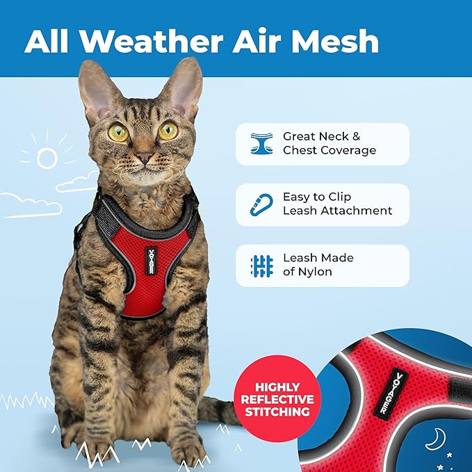 Voyager Escape-Proof Step-in Lock Cat Harness & 5ft Neoprene-Handle Leash Set All-Weather Mesh with Reflective Stitching for Small to Large Cats by Best Pet Supplies, Black Trim-Red (327), XXS