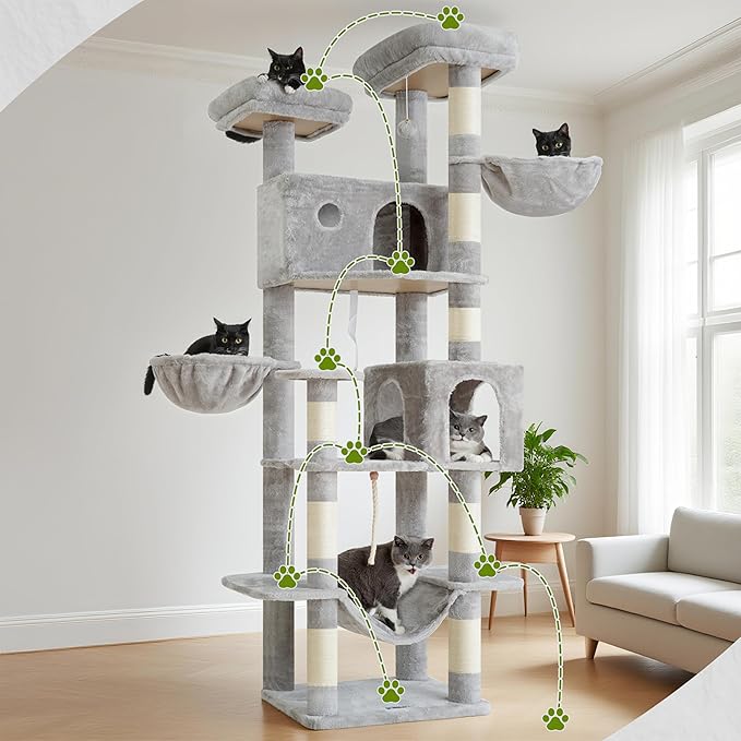 80.7''(205cm) Cat Tree for Indoor Cats, Large Cat Tower for Multi Adult Cats, Cat Tree House with Big Hammock, 2 Top Perches/Cat Condos/Baskets, 8 Scratching Posts, Light Gray GCT034W