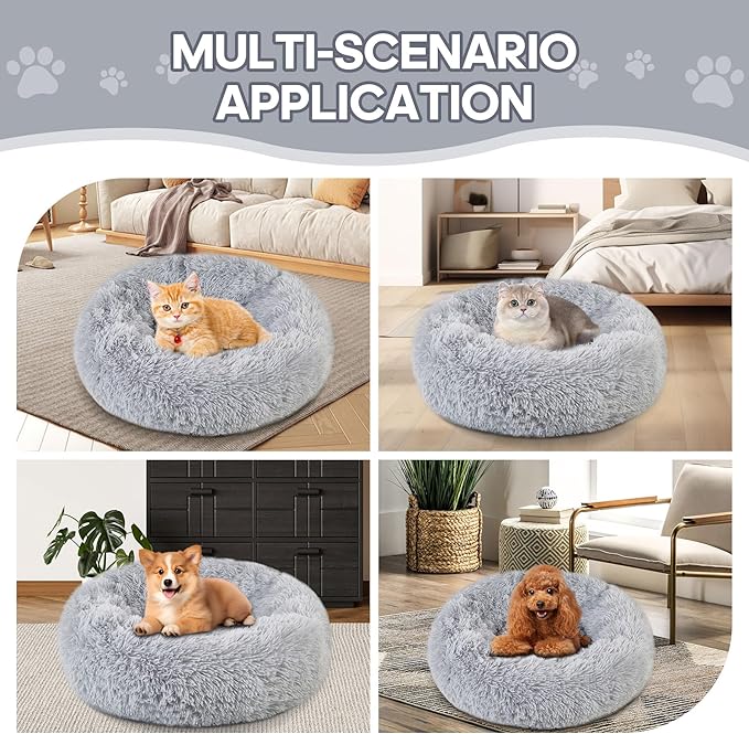 Calming Round Cute Cat & Dog Bed, Anti-Slip Washable Cozy Soft Round Pet Bed, Fluffy Faux Fur Plush Dog Cuddler Bed Fits up to 5 lbs Dogs and Cats(Donut Light Grey, 16inch x 16inch)