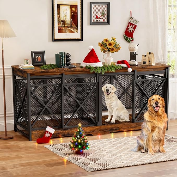 COZPAW 78 Inch Double Dog Crate Furniture, Extra Large Dog Kennel Indoor for Medium Large 2 Dogs, Heavy Duty Dog Cage Chew-Resistant Steel and Wooden Pet House with Removable Divider (Brown)